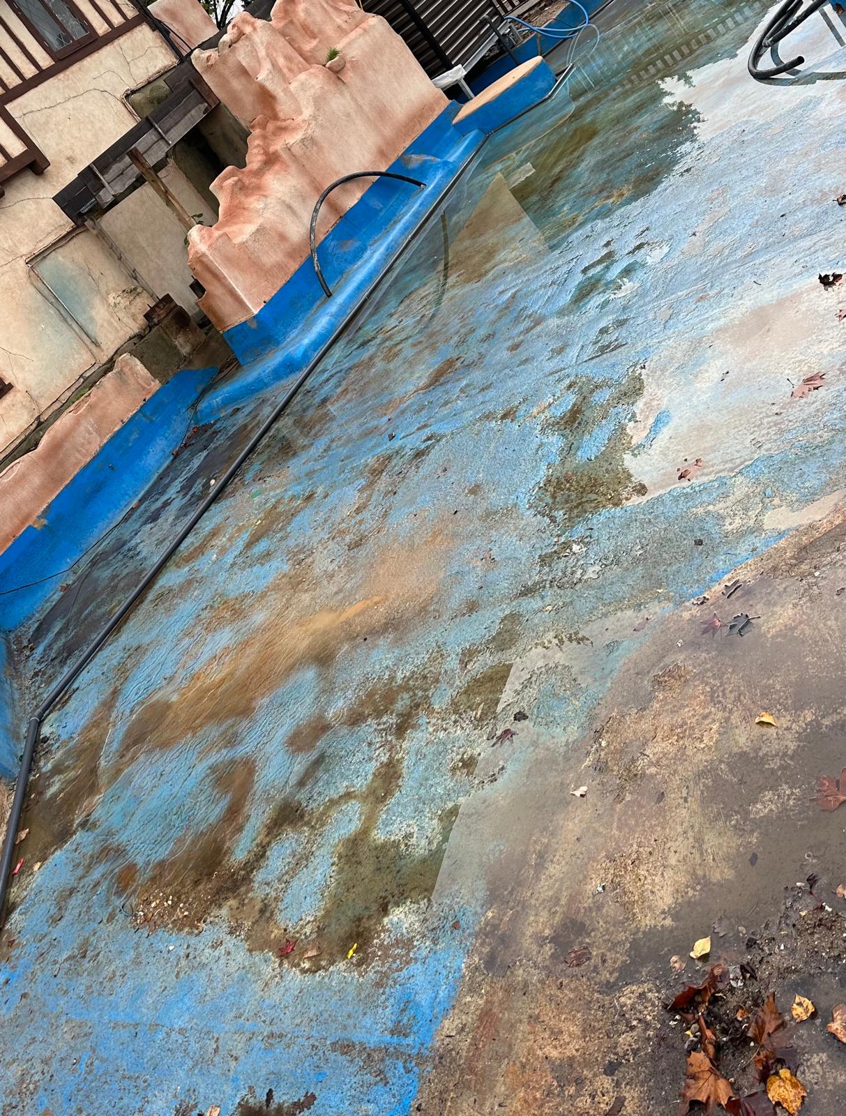 Drained commercial feature pond with worn blue coating and rockwork before renovation