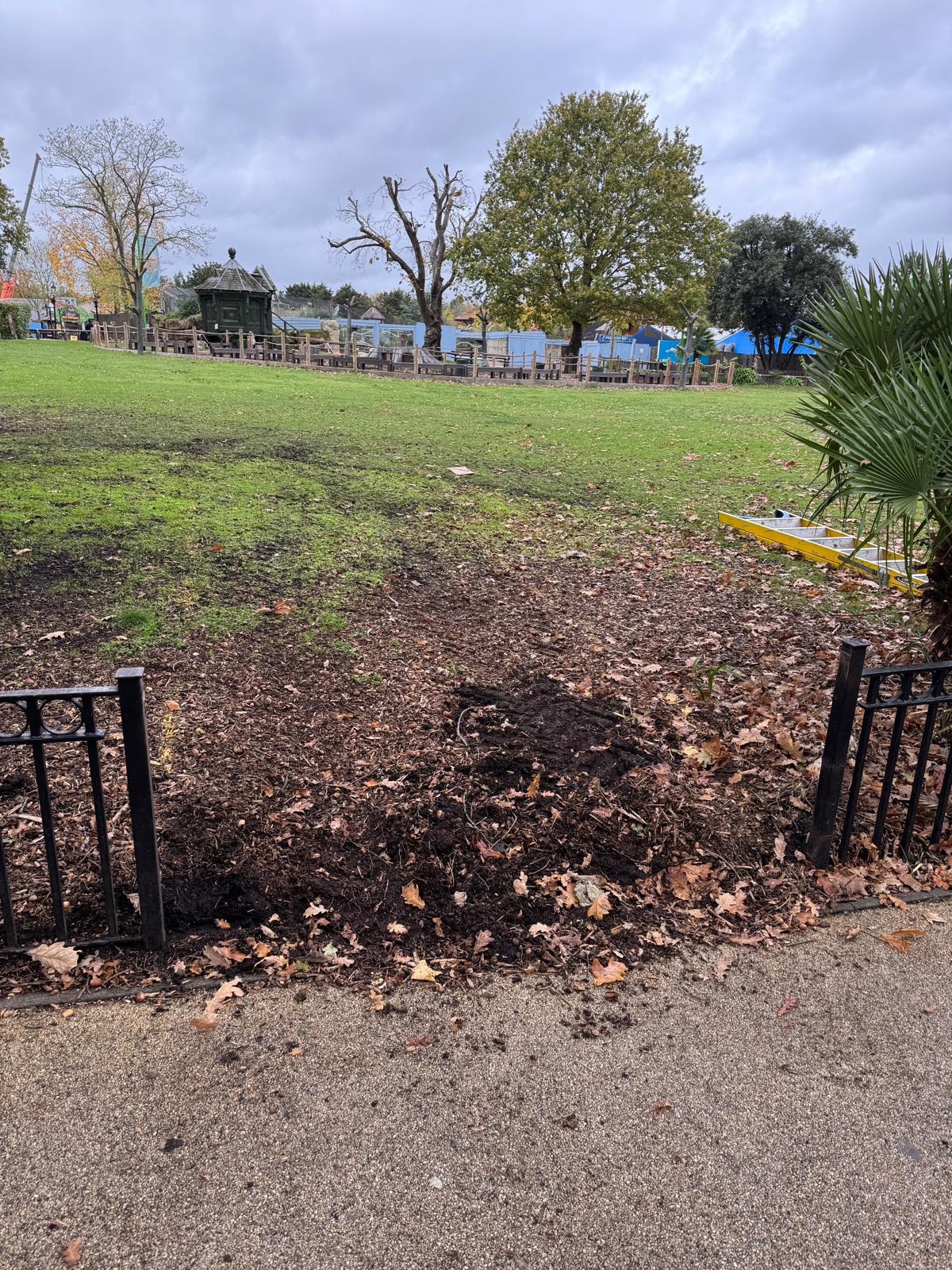 Marked-out grass and leaf-covered ground prepared for a new public access footpath beside black metal railings